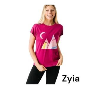 ZYIA Active women's large pink dalman short sleeve shirt mountains logo athleisu